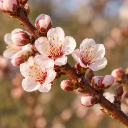 Abricotier 'Precoce saumur' (Prunus armeniaca) — branche couverte de petites fleurs ouvertes