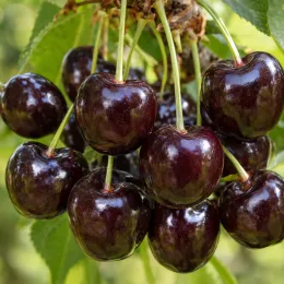 Cerisier 'Peloa' (Prunus avium) — grappe de grosses cerises mûres brillantes · Photo d'illustration