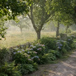 Hortensia 'So long starlit sky' (Hydrangea) — massif fleuri le long d'un muret sous arbres · Photo d'illustration