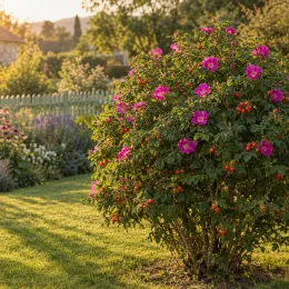 Rosier 'Rubra' (Rosa rugosa) — grand arbuste fleuri isolé dans un jardin · Photo d'illustration