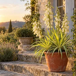 Yucca 'Golden sword' (Yucca flaccida) — plante graphique en pot sur marches en pierre · Photo d'illustration
