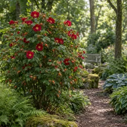 Rosier rugueux carmen 'Carmen' (Rosa rugosa) — grand arbuste fleuri près d'un sentier de jardin · Photo d'illustration