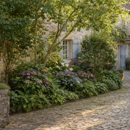 Hortensia japonais 'Veerle' (Hydrangea serrata) — massif fleuri sous arbres devant maison en pierre · Photo d'illustration