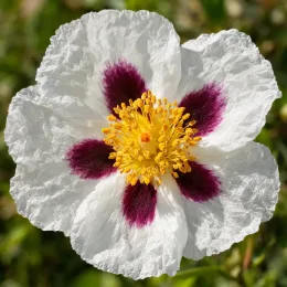 Ciste pourpre 'Alan fradd' (Cistus purpureus) — fleur blanche à centre jaune et taches pourpres · Photo d'illustration