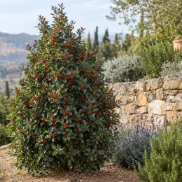 Houx arbustif femelle 'Blue angel' (Ilex × meserveae) — arbuste dense couvert de baies rouges brillantes · Photo d'illustration