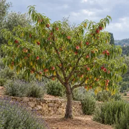 Pêcher 'Redwing' (Prunus persica) — arbre fruitier chargé de fruits rouges au jardin