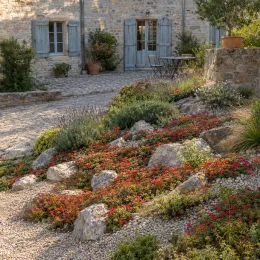 Orpin bâtard pourpre 'Coccineum atropurpureum' (Sedum spurium) — massif de vivaces fleuries entre rochers devant maison · Photo d'illustration
