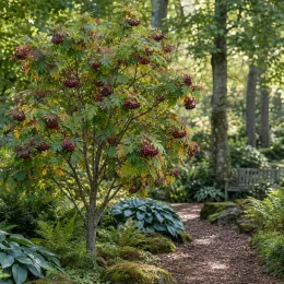 Fruitier rare 'Mitjurinskaja desertnaja' (Sorbomespilus) — petit arbre fruitier dans un jardin ombragé