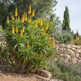 Aloes 'Artic jungle' — grand massif succulent aux épis jaunes dressés · Photo d'illustration