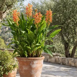 Gingembre ornemental (Hedychium poupre) — plante en pot avec épis de fleurs orangées · Photo d'illustration