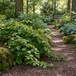 Ronce d’ichang 'Ichangensis' (Rubus) — massif couvre-sol le long d’un sentier forestier · Photo d'illustration