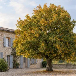 Chêne d'eau (Quercus nigra) — grand arbre isolé devant maison en pierre · Photo d'illustration