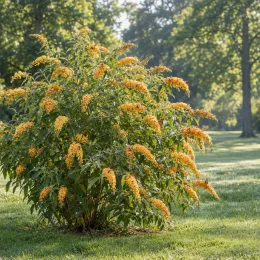 Arbre aux papillons 'Sungold orange' (Buddleia weyeriana) — grand arbuste arrondi couvert de fleurs orangées · Photo d'illustration
