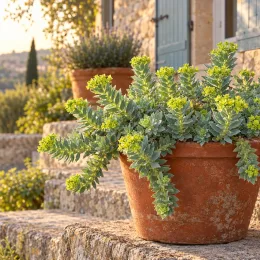 Euphorbe de corse (Euphorbia myrsinites) — plante succulente en pot sur marches en pierre · Photo d'illustration