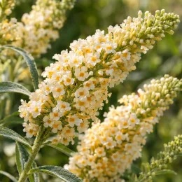 Arbre aux papillons à feuilles de saule (Buddleia saligna) — grappes de petites fleurs crème en gros plan · Photo d'illustration
