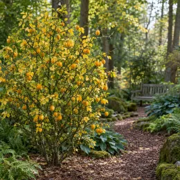 Orange trifoliée pomeroy 'Pomeroy' (Poncirus trifoliata) — arbuste couvert de fruits jaunes dans un sous-bois