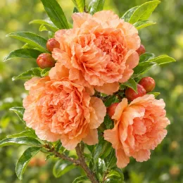 Grenadier à fleurs 'Toyosho' (Punica granatum) — gros plan sur fleurs doubles orangées et boutons