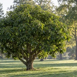 Avocatier race antillais guatémaltèque 'Atkinson' (Persea americana) — arbre isolé au feuillage dense sur pelouse · Photo d'illustration