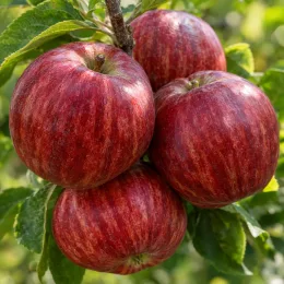 Pommier 'Usta gorria' (Malus domestica) — gros plan de quatre fruits rouges striés · Photo d'illustration