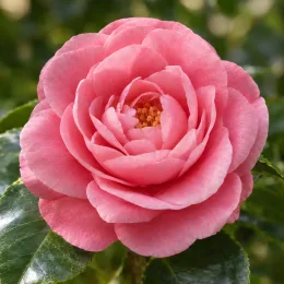 Camélia 'Debbie rose' (Camellia williamsii) — gros plan de fleur rose épanouie · Photo d'illustration