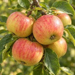 Pommier 'Belle fille de salins' (Malus domestica) — groupe de pommes mûres sur branche feuillée
