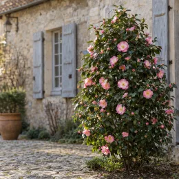 Camelia 'Docteur tinsley' (Camelia japonica) — arbuste fleuri isolé devant maison en pierre · Photo d'illustration