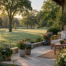 Arum 'Jewel' — terrasse ensoleillée avec pots de plantes et jardin · Photo d'illustration