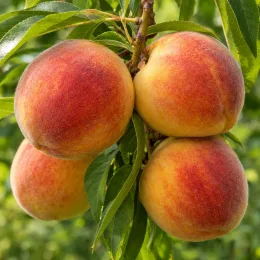 Pêcher 'Golden caesar minpechfor cov' (Prunus persica) — gros plan de fruits mûrs sur branche