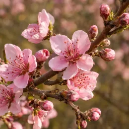 Pêcher 'Jaune miel' (Prunus persica) — gros plan de fleurs roses sur rameaux · Photo d'illustration