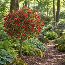 Weigelia 'Red prince' — arbuste boule fleuri rouge dans jardin ombragé