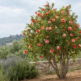 Grenadier à fleurs 'Nochi shibari' (Punica granatum) — arbuste fleuri au jardin devant muret en pierre