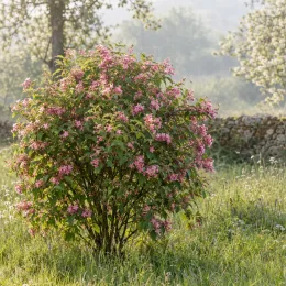 Weigelia (Weigela stellaris) — arbuste fleuri rose isolé dans prairie · Photo d'illustration