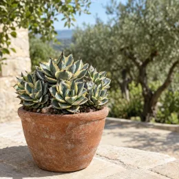 Agave '(cv. shoji-raijin) f. variegata' (Agave potatorum) — succulente compacte panachée en pot en terre cuite