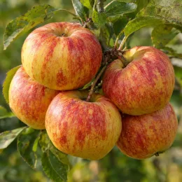 Pommier 'Eri sagarra' (Malus domestica) — groupe de pommes mûres sur branche feuillue · Photo d'illustration