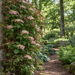 Hortensia grimpant du japon 'Rose sensation' (Schizophragma hydrangeoides) — liane fleurie le long d’un tronc, sous-bois · Photo d'illustration