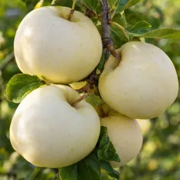 Pommier 'Gordin churia' (Malus domestica) — gros fruits clairs groupés sur des branches feuillées · Photo d'illustration