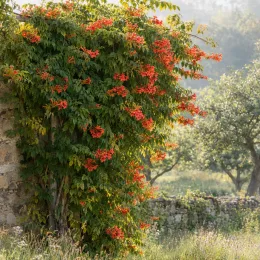 Bignone de virginie 'Flamenco' (Campsis radicans) — liane grimpante couvrant un mur en pierre