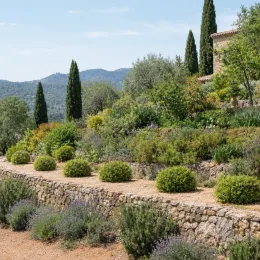 Chèvrefeuille nain 'Garden clouds green breeze' (Lonicera nitida) — jardin méditerranéen en terrasses avec arbustes ronds · Photo d'illustration
