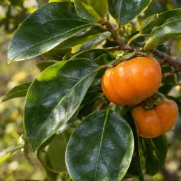 Plaqueminier 'Sharon' (Diospyros kaki) — deux fruits orange parmi de grandes feuilles luisantes