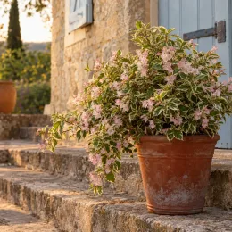 Weigelia 'Nana variegata' (Weigela floribunda) — arbuste fleuri au feuillage panaché en pot