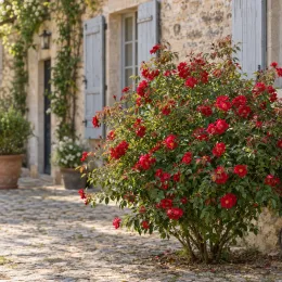 Rosier de chine rouge (Rosa chinensis) — arbuste fleuri rouge devant façade en pierre · Photo d'illustration