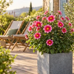 Dahlia 'Heroine' — plante fleurie en pot sur terrasse en bois · Photo d'illustration