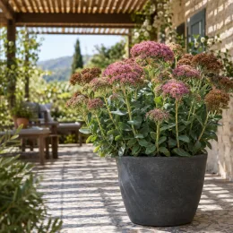 Sedum (Sedum spectabilis) — plante fleurie en pot sur terrasse ensoleillée · Photo d'illustration