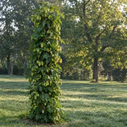 Houblon grimpant (Humulus lupulus) — liane grimpante couverte de cônes verts au jardin · Photo d'illustration