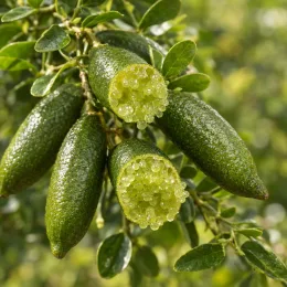 Citronnier caviar 'Green finger' (Citrus australasica) — gros plan de fruits allongés ouverts sur branches
