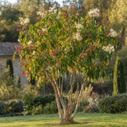 Heptacodion de chine (Heptacodium miconioides) — arbuste multi-troncs en fleurs dans un jardin · Photo d'illustration