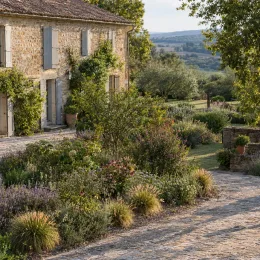 Herbe aux écouvillons 'Compressum' (Pennisetum alopecuroides) — massif de graminées et vivaces devant maison en pierre · Photo d'illustration