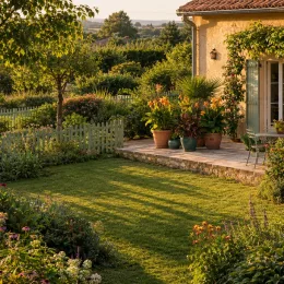 Canna — terrasse ensoleillée avec grands pots de plantes · Photo d'illustration