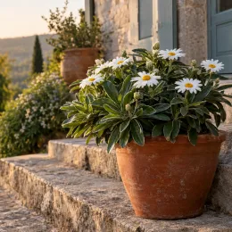 Pachystegia (Pachystegia insignis) — plante fleurie en pot sur marches en pierre · Photo d'illustration