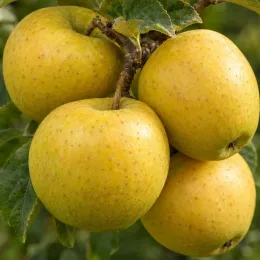 Pommier 'Goldrush delisdor' (Malus domestica) — gros plan de fruits jaunes groupés sur branche